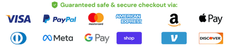Guaranteed safe and secure checkout: Visa, PayPal, Mastercard, American Express, Discover
